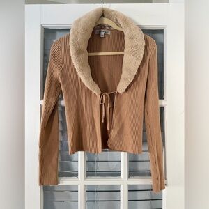 Madden Girl Women’s Junior L Faux Fur Collar Light Brown Tie Front Cardigan